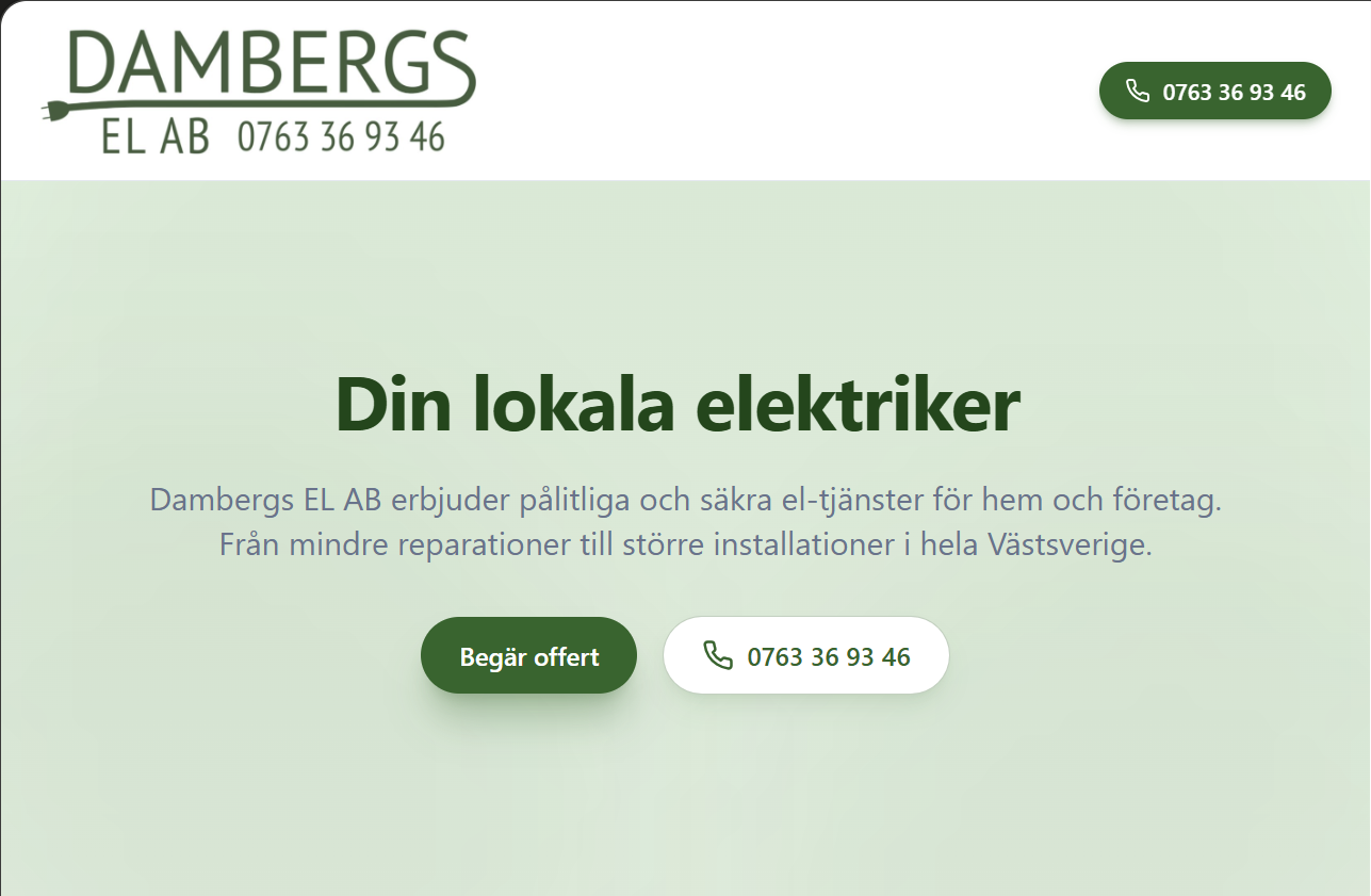 Hemsida för Dambergs EL – El & installation | exempel byggt av Webbvävaren