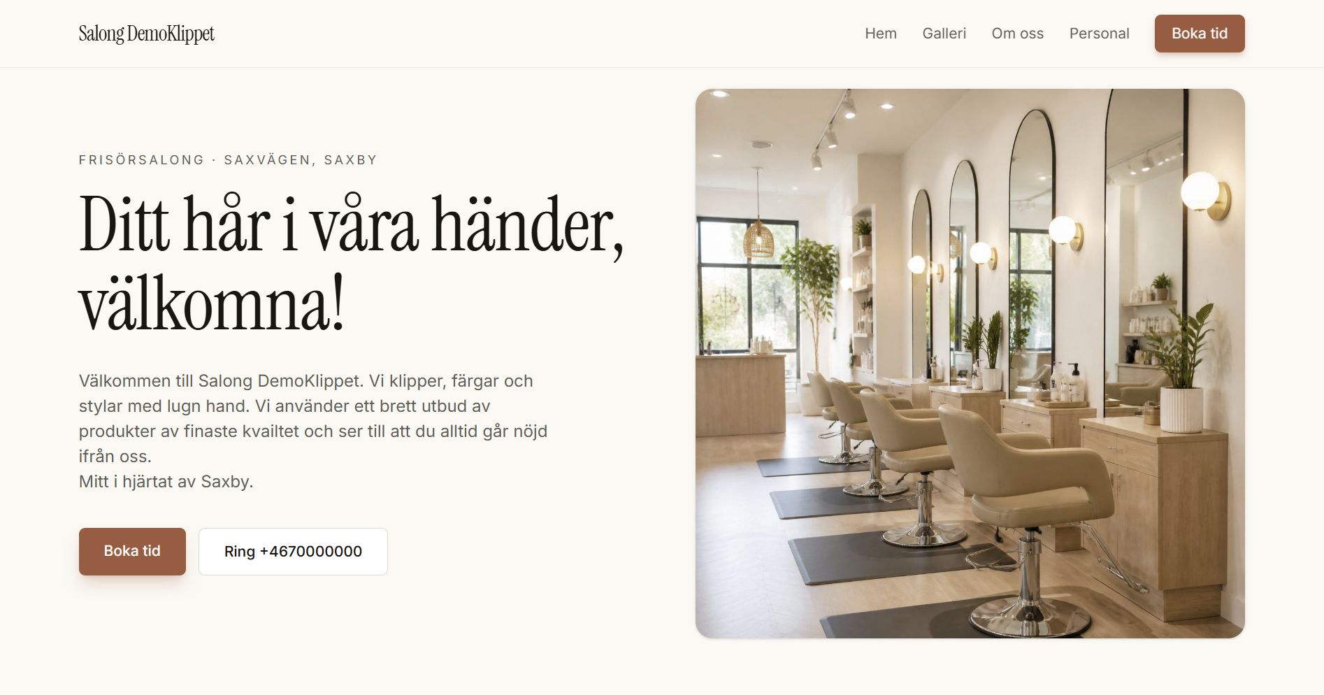 Hemsida för Salong Demoklippet – Frisör & skönhet | exempel byggt av Webbvävaren